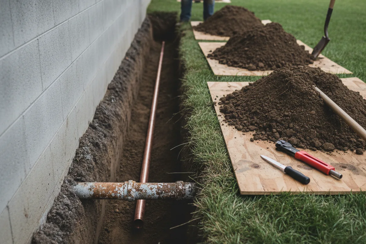 Excavated water line trench during Water Softener Installation in Stephens City